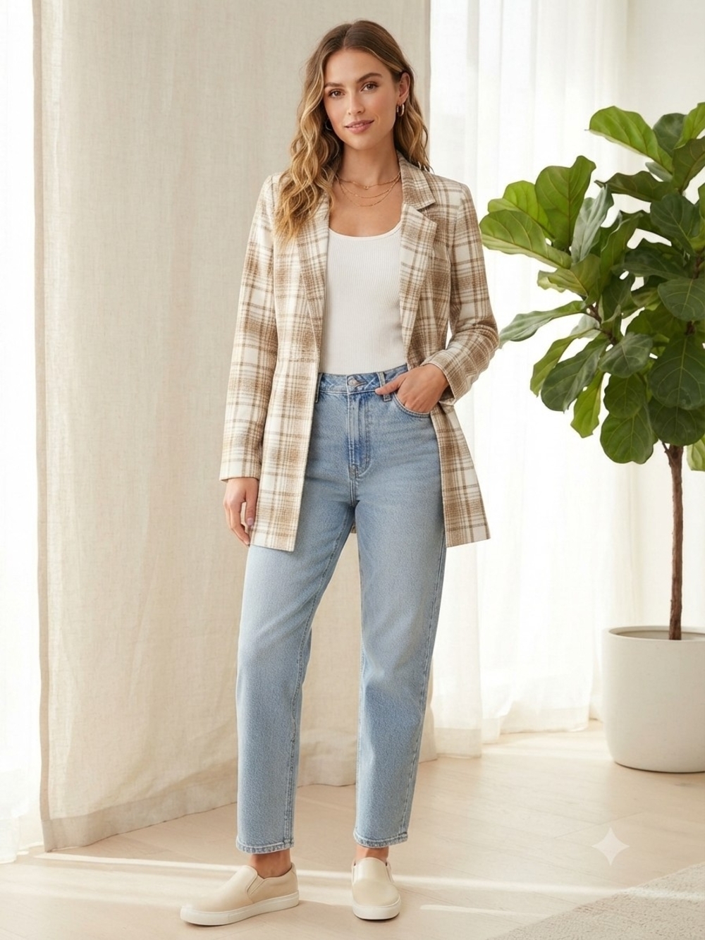 Women’s Plaid Longline Blazer in Beige Cream